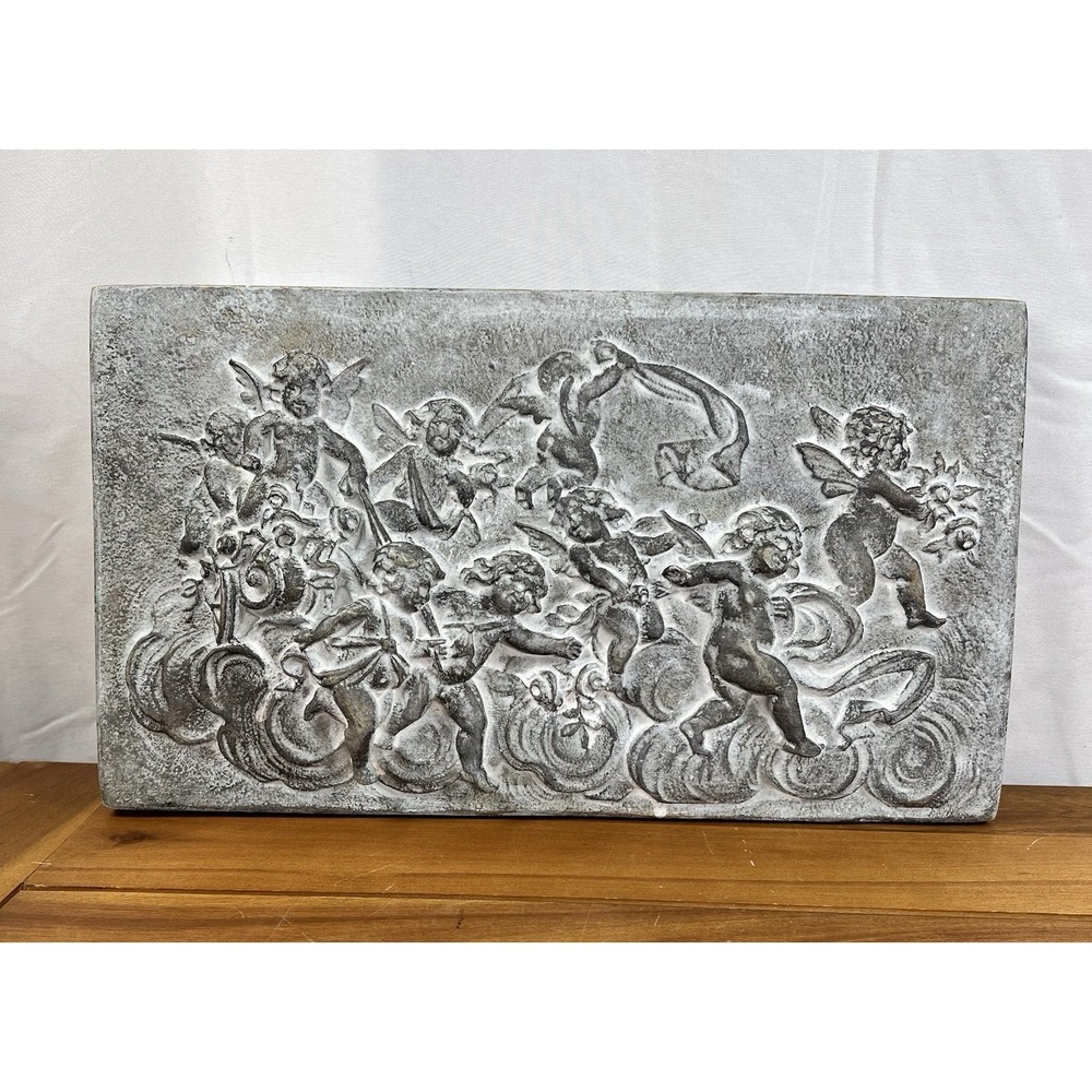 VTG 2000's Bas-Relief Plaque W Cherubs Plaster Wall Decor Grey 14" X 8"
